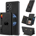 Samsung Galaxy S25 Ultra Kılıf Magsafe Şarj Özellikli Suni Deri Tasarımlı Kıpta Ayrılabilen Kartlıklı Kapak - Siyah