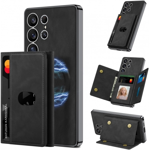 Samsung Galaxy S25 Ultra Kılıf Magsafe Şarj Özellikli Suni Deri Tasarımlı Kıpta Ayrılabilen Kartlıklı Kapak - Siyah