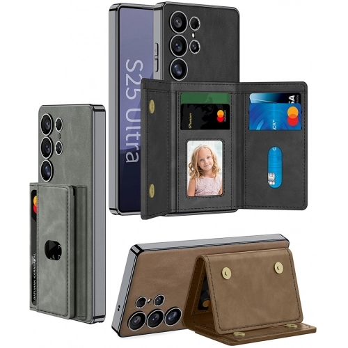 Samsung Galaxy S25 Ultra Kılıf Magsafe Şarj Özellikli Suni Deri Tasarımlı Kıpta Ayrılabilen Kartlıklı Kapak - Siyah