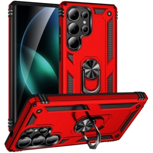 Samsung Galaxy S25 Ultra Kılıf Silikon Zırhlı Standlı Yüzüklü Mıknatıslı Tank Kapak - Kırmızı