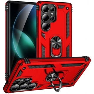 Samsung Galaxy S25 Ultra Kılıf Silikon Zırhlı Standlı Yüzüklü Mıknatıslı Tank Kapak - Kırmızı
