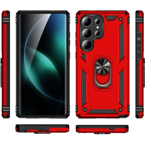 Samsung Galaxy S25 Ultra Kılıf Silikon Zırhlı Standlı Yüzüklü Mıknatıslı Tank Kapak - Kırmızı