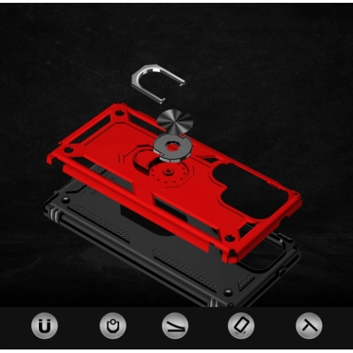 Samsung Galaxy S25 Ultra Kılıf Silikon Zırhlı Standlı Yüzüklü Mıknatıslı Tank Kapak - Kırmızı