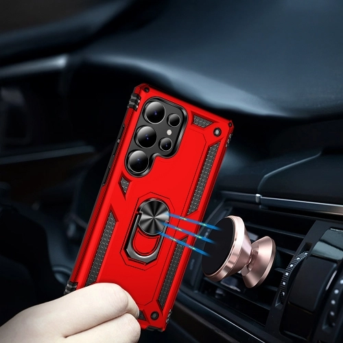 Samsung Galaxy S25 Ultra Kılıf Silikon Zırhlı Standlı Yüzüklü Mıknatıslı Tank Kapak - Kırmızı