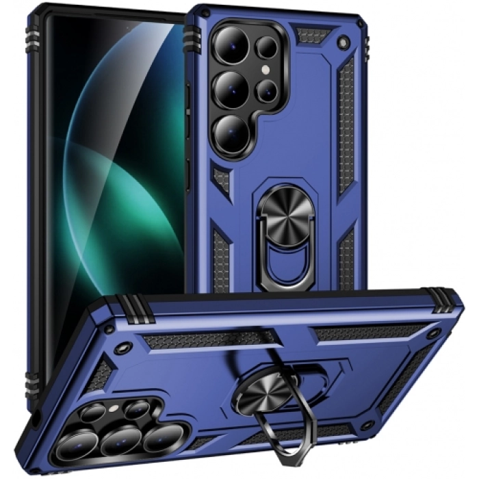 Samsung Galaxy S25 Ultra Kılıf Silikon Zırhlı Standlı Yüzüklü Mıknatıslı Tank Kapak - Mavi
