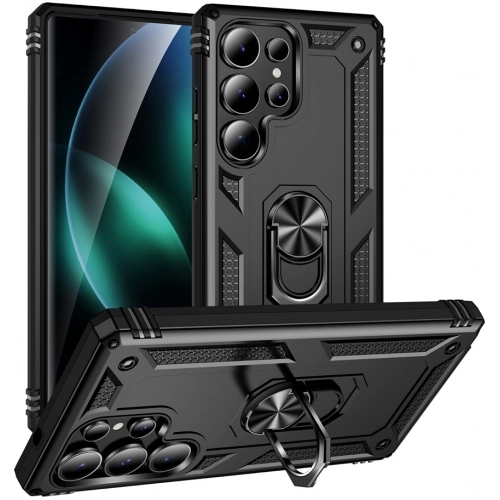 Samsung Galaxy S25 Ultra Kılıf Silikon Zırhlı Standlı Yüzüklü Mıknatıslı Tank Kapak - Siyah
