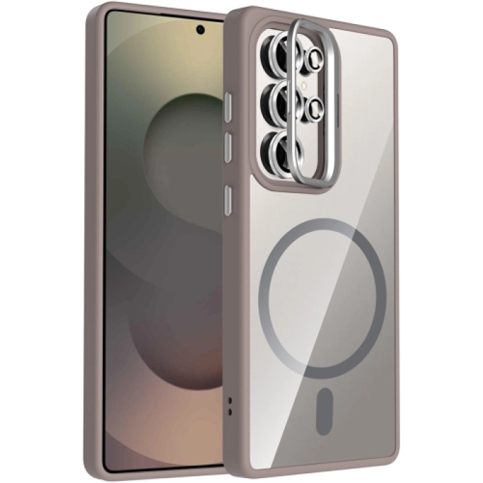 Samsung Galaxy S25 Ultra Kılıf Standlı ve Kamera Lens Hediyeli M-Safe Şarj Özellikli Etro Kapak - Gri