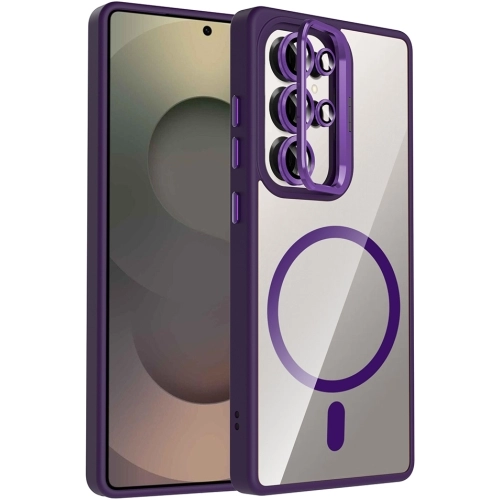 Samsung Galaxy S25 Ultra Kılıf Standlı ve Kamera Lens Hediyeli M-Safe Şarj Özellikli Etro Kapak - Koyu Mor