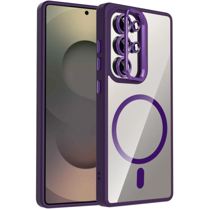 Samsung Galaxy S25 Ultra Kılıf Standlı ve Kamera Lens Hediyeli M-Safe Şarj Özellikli Etro Kapak - Koyu Mor
