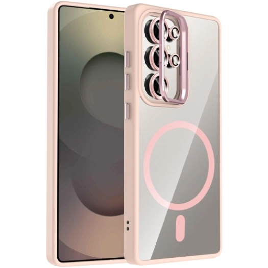 Samsung Galaxy S25 Ultra Kılıf Standlı ve Kamera Lens Hediyeli M-Safe Şarj Özellikli Etro Kapak - Pembe