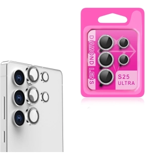 Samsung Galaxy S25 Ultra Lens Kamera Koruyucu Taşlı Parmak İzi Bırakmaz CL-06 - Gümüş