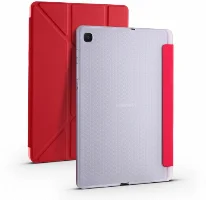 Samsung Tab A S6 Lite (P610) Tablet Kılıfı Standlı Tri Folding Kalemlikli Silikon Smart Cover - Kırmızı