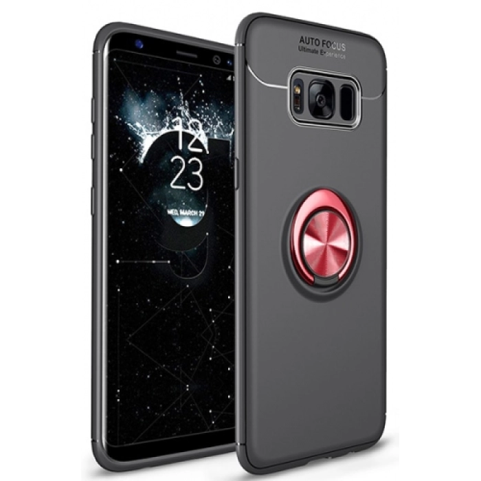Samsung Galaxy S8 Plus Kılıf Renkli Silikon Yüzüklü Standlı Auto Focus Ravel Kapak - Kırmızı - Siyah
