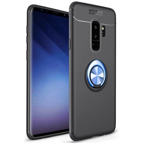 Samsung Galaxy S9 Plus Kılıf Renkli Silikon Yüzüklü Standlı Auto Focus Ravel Kapak - Mavi - Siyah