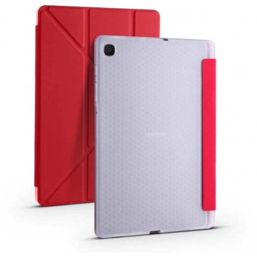 Samsung Galaxy Tab A7 T500 Tablet Kılıfı Standlı Tri Folding Kalemlikli Silikon Smart Cover - Kırmızı