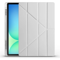 Samsung Galaxy Tab S10 FE Plus Tablet Kılıfı Standlı Tri Folding Kalemlikli Silikon Smart Cover - Gri