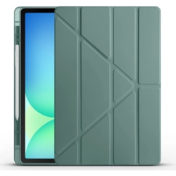 Samsung Galaxy Tab S10 FE Plus Tablet Kılıfı Standlı Tri Folding Kalemlikli Silikon Smart Cover - Koyu Yeşil