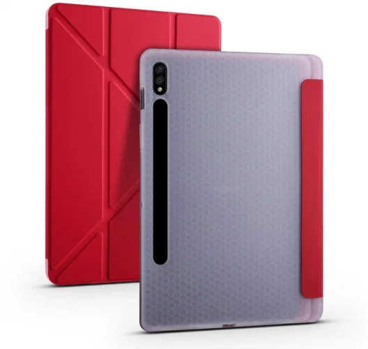 Samsung Galaxy Tab S7 FE T737 Tablet Kılıfı Standlı Tri Folding Kalemlikli Silikon Smart Cover - Kırmızı