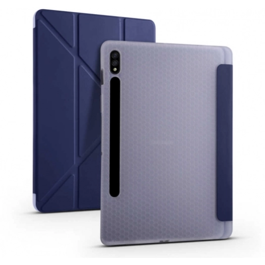 Samsung Galaxy Tab S7 FE T737 Tablet Kılıfı Standlı Tri Folding Kalemlikli Silikon Smart Cover - Lacivert