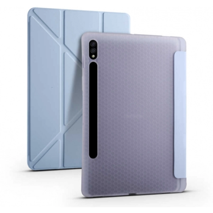 Samsung Galaxy Tab S7 FE T737 Tablet Kılıfı Standlı Tri Folding Kalemlikli Silikon Smart Cover - Mavi