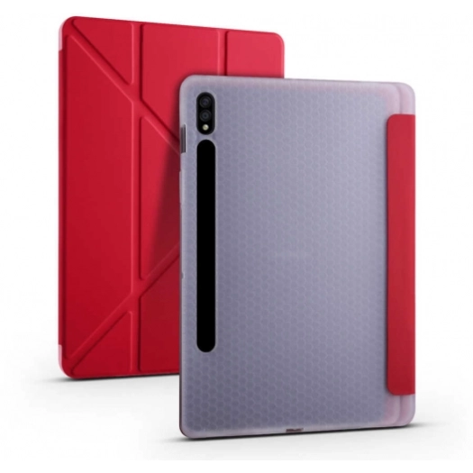 Samsung Galaxy Tab S7 Plus T970 Tablet Kılıfı Standlı Tri Folding Kalemlikli Silikon Smart Cover - Kırmızı