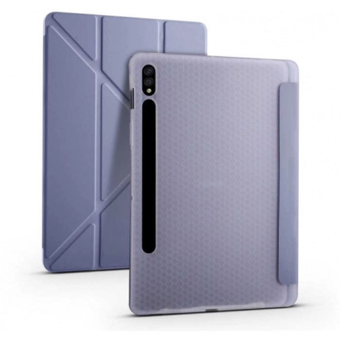 Samsung Galaxy Tab S7 T870 Tablet Kılıfı Standlı Tri Folding Kalemlikli Silikon Smart Cover - Mor