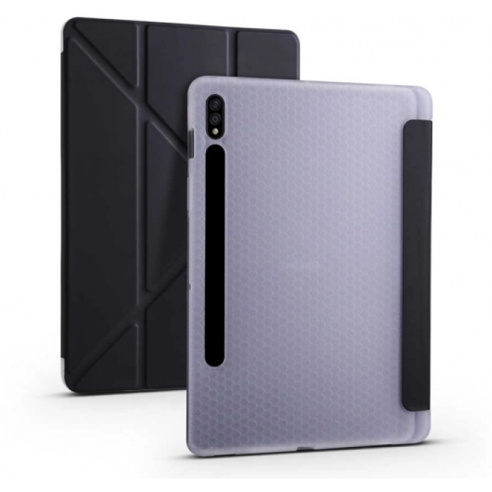 Samsung Galaxy Tab S7 T870 Tablet Kılıfı Standlı Tri Folding Kalemlikli Silikon Smart Cover - Siyah