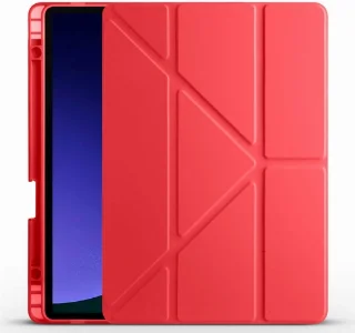Samsung Galaxy Tab S9 Kılıf Standlı Tri Folding Kalemlikli Silikon Smart Cover - Kırmızı