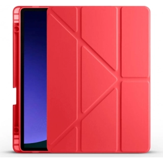 Samsung Galaxy Tab S9 Kılıf Standlı Tri Folding Kalemlikli Silikon Smart Cover - Kırmızı