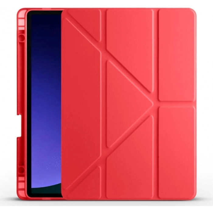 Samsung Galaxy Tab S9 Kılıf Standlı Tri Folding Kalemlikli Silikon Smart Cover - Kırmızı