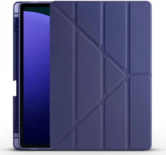 Samsung Galaxy Tab S9 Plus (+) Tablet Kılıfı Standlı Tri Folding Kalemlikli Silikon Smart Cover - Lacivert