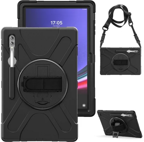 Samsung Galaxy Tab S9 Ultra (14.6) Kılıf Zore Defender Boyun Askılı Tablet Silikon - Siyah