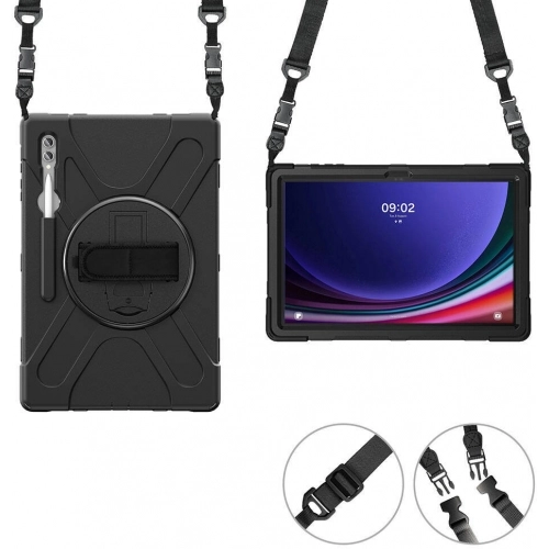 Samsung Galaxy Tab S9 Ultra (14.6) Kılıf Zore Defender Boyun Askılı Tablet Silikon - Siyah