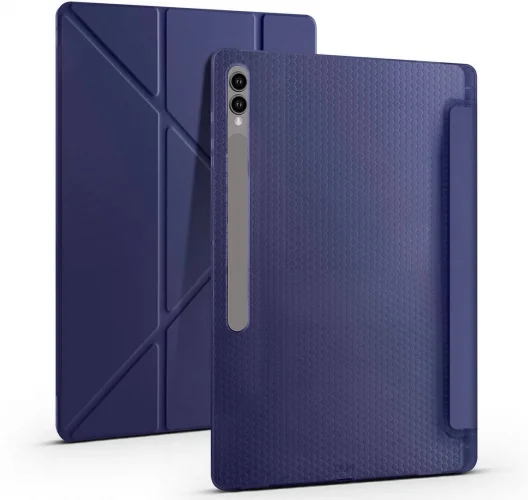 Samsung Galaxy Tab S9 Ultra (14.6) Tablet Kılıfı Standlı Tri Folding Kalemlikli Silikon Smart Cover - Lacivert