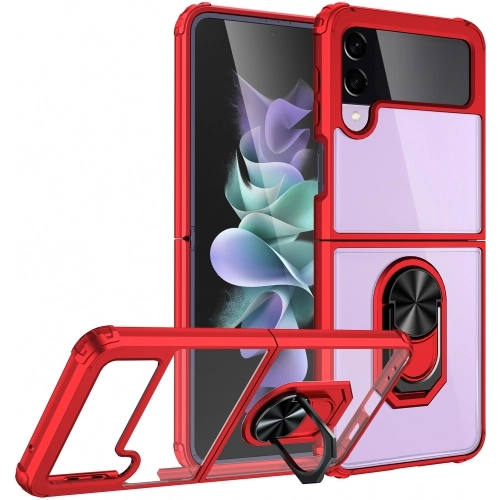 Samsung Galaxy Z Flip 3 Kılıf Standlı Arkası Şeffaf Kenarları Airbag Kapak - Kırmızı