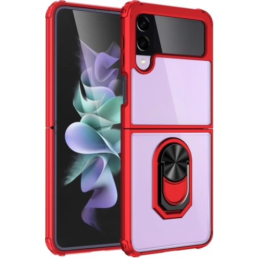 Samsung Galaxy Z Flip 3 Kılıf Standlı Arkası Şeffaf Kenarları Airbag Kapak - Kırmızı