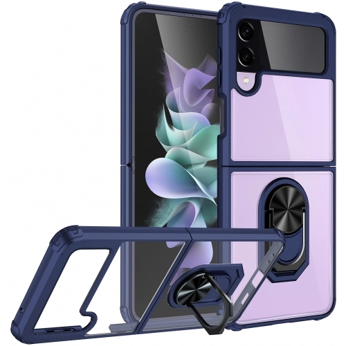 Samsung Galaxy Z Flip 3 Kılıf Standlı Arkası Şeffaf Kenarları Airbag Kapak - Lacivert