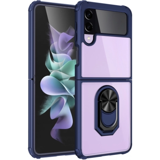 Samsung Galaxy Z Flip 3 Kılıf Standlı Arkası Şeffaf Kenarları Airbag Kapak - Lacivert
