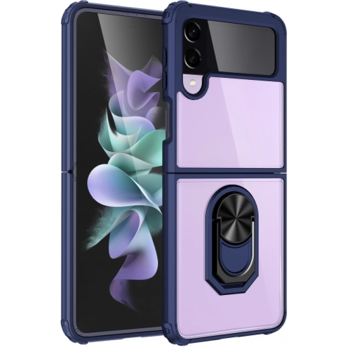 Samsung Galaxy Z Flip 3 Kılıf Standlı Arkası Şeffaf Kenarları Airbag Kapak - Lacivert