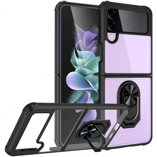 Samsung Galaxy Z Flip 3 Kılıf Standlı Arkası Şeffaf Kenarları Airbag Kapak - Siyah
