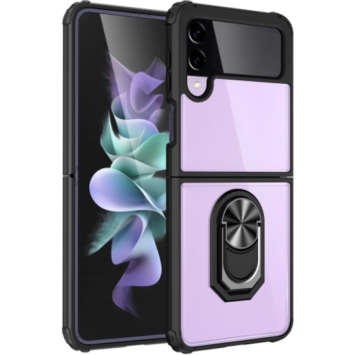 Samsung Galaxy Z Flip 3 Kılıf Standlı Arkası Şeffaf Kenarları Airbag Kapak - Siyah
