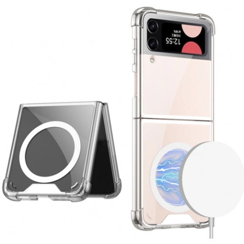 Samsung Galaxy Z Flip 3 Kılıf Wireless Şarj Özellikli Airbagli Kıpta Anti Shock Magsafe Kapak - Şeffaf