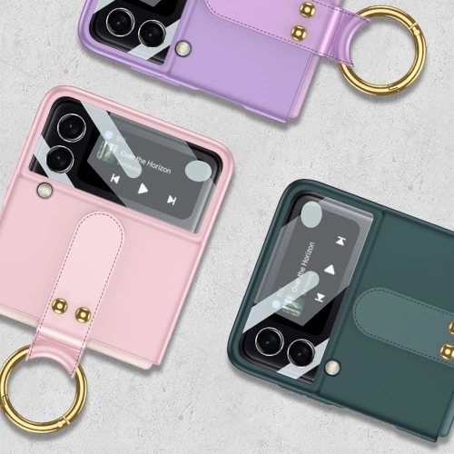 Samsung Galaxy Z Flip 3 Kılıf Yüzüklü Stand Özellikli Ring Kıpta Kapak - Pembe