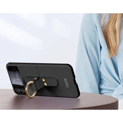 Samsung Galaxy Z Flip 3 Kılıf Yüzüklü Stand Özellikli Ring Kıpta Kapak - Siyah