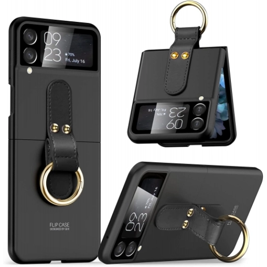 Samsung Galaxy Z Flip 3 Kılıf Yüzüklü Stand Özellikli Ring Kıpta Kapak - Siyah