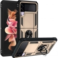 Samsung Galaxy Z Flip 3 Kılıf Zırhlı Standlı Mıknatıslı Katlanabilir Tank Kapak - Gold