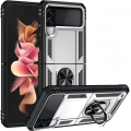 Samsung Galaxy Z Flip 3 Kılıf Zırhlı Standlı Mıknatıslı Katlanabilir Tank Kapak - Gümüş