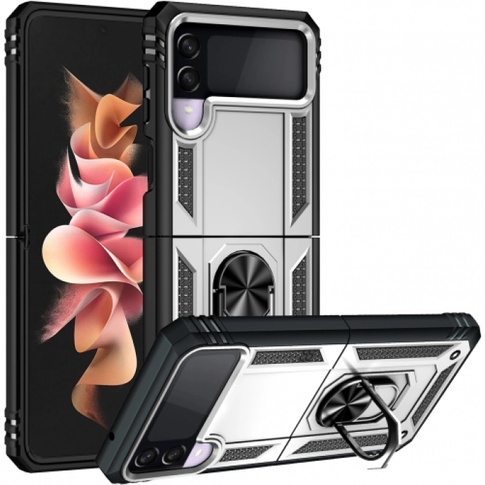 Samsung Galaxy Z Flip 3 Kılıf Zırhlı Standlı Mıknatıslı Katlanabilir Tank Kapak - Gümüş