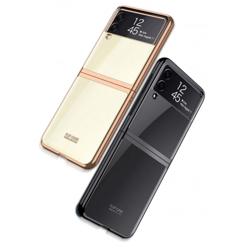 Samsung Galaxy Z Flip 4 Kılıf Metal Görünümlü Esnek Kıpta Kapak - Gold