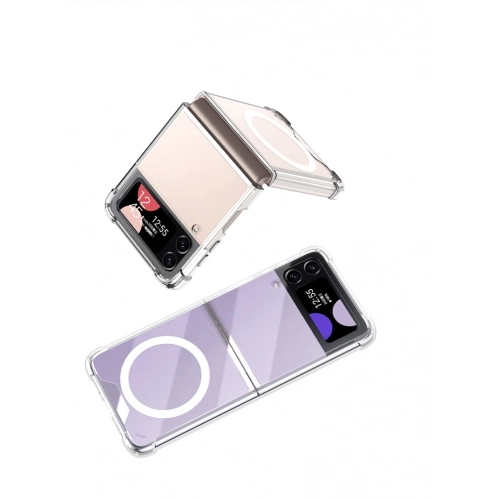 Samsung Galaxy Z Flip 4 Kılıf Wireless Şarj Özellikli Airbagli Kıpta Anti Shock Magsafe Kapak - Şeffaf